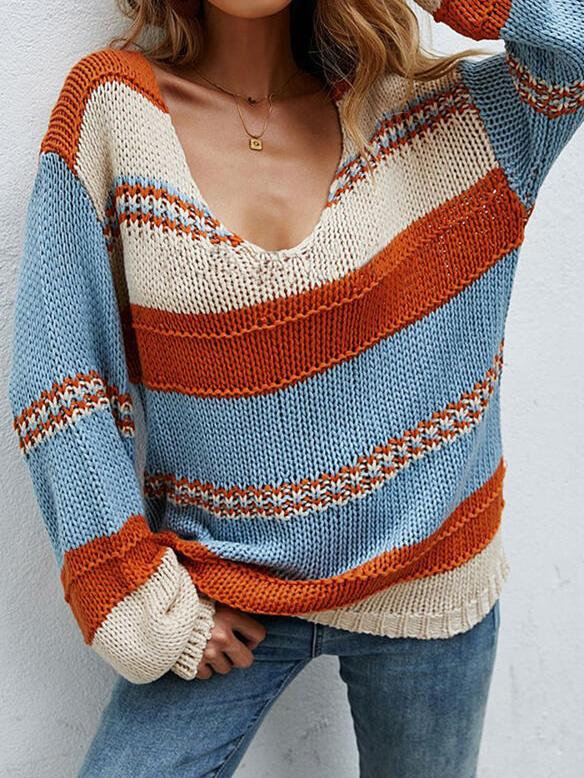 Women's Sweaters V-Neck Stripes Lazy Long Sleeve Sweater
