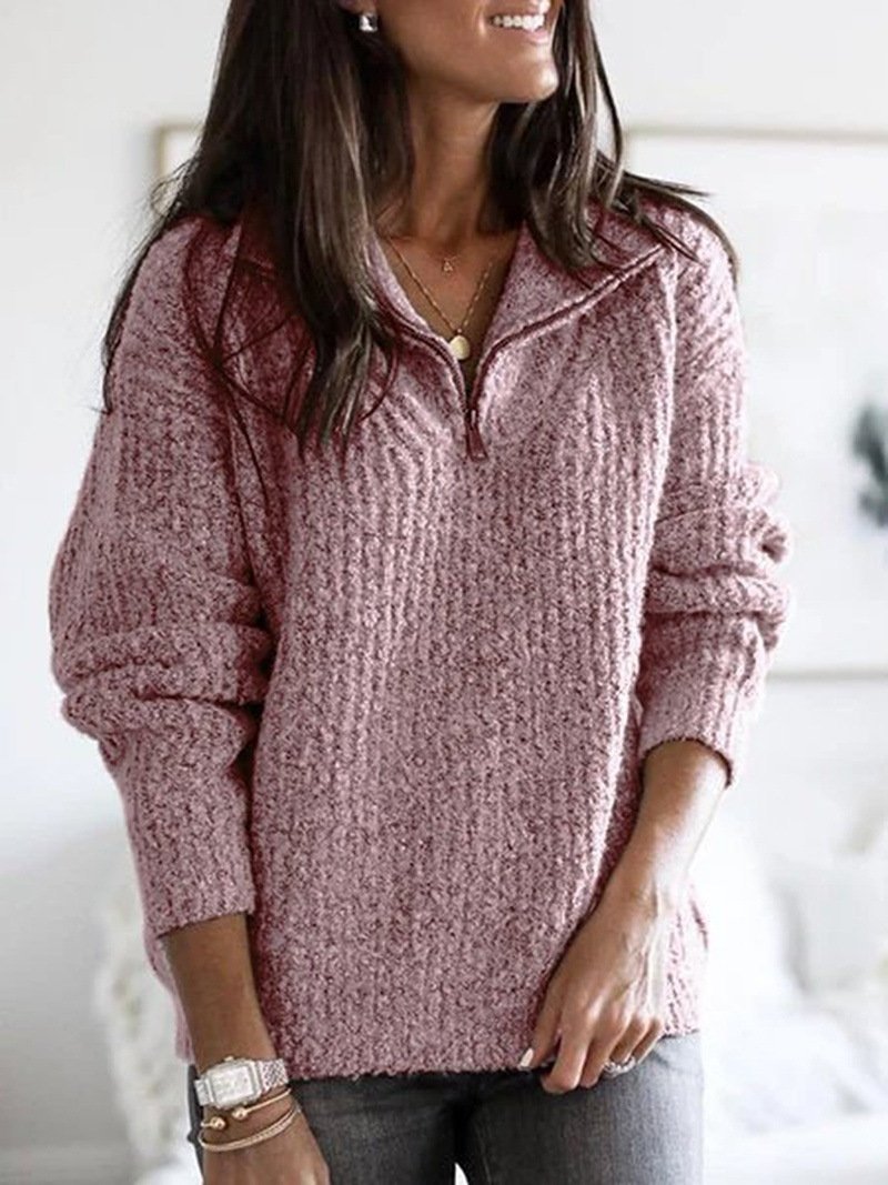 Women's Sweaters Zipper Pullover Long Sleeve Knit Sweater