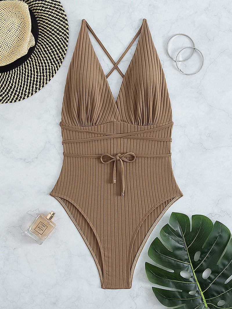 Women's Swimsuits Deep V-Neck Solid One Piece Swimsuit