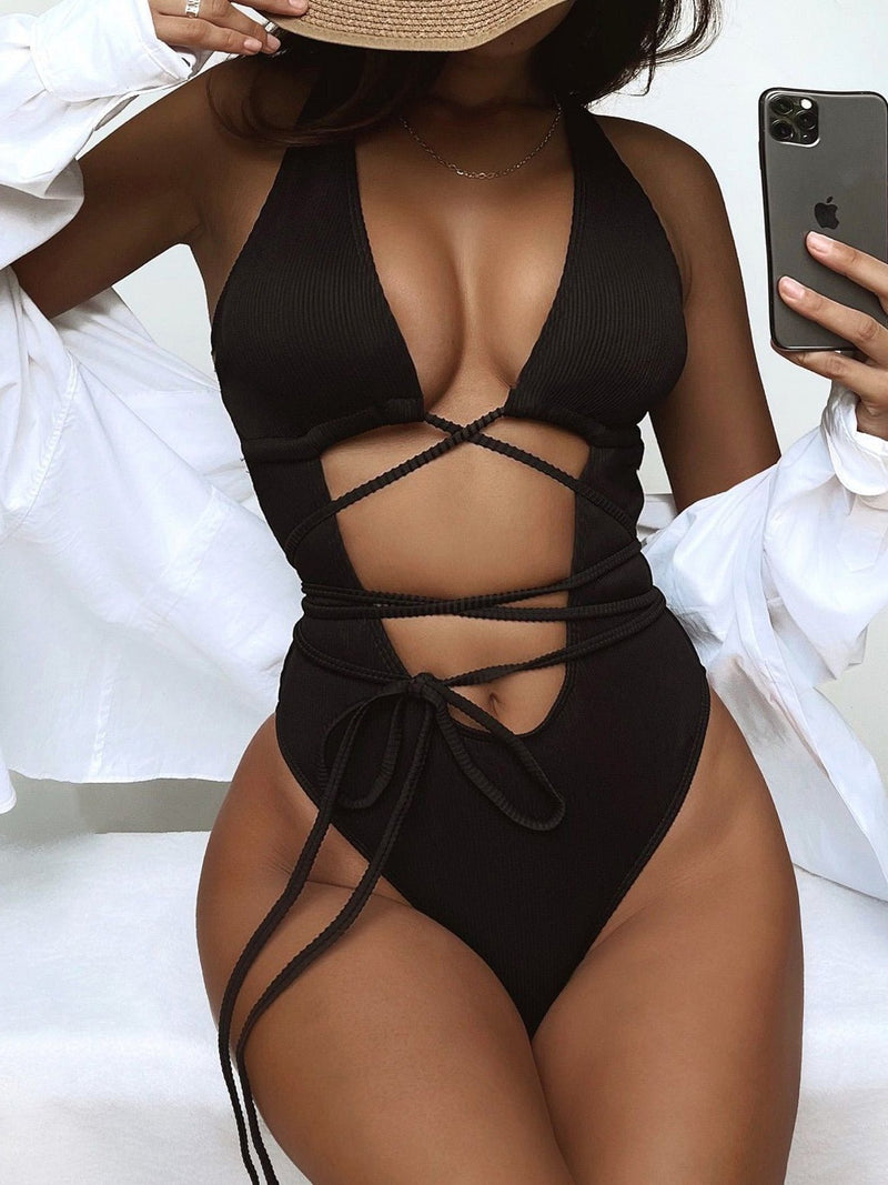 Women's Swimsuits Solid Cutout Tie Bikini One Piece Swimsuit