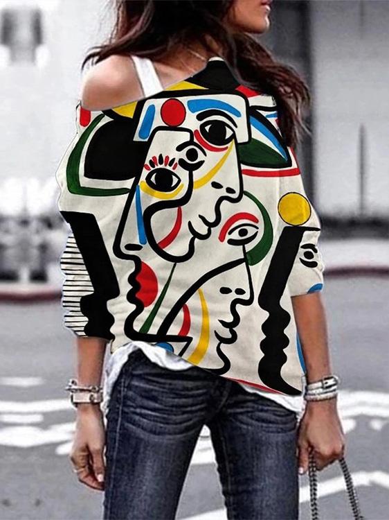 Women's T-Shirts Abstract Color Face Print Off-Shoulder T-Shirt