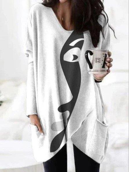 Women's T-Shirts Abstract Face Print Long Sleeve Mid-Length T-Shirt