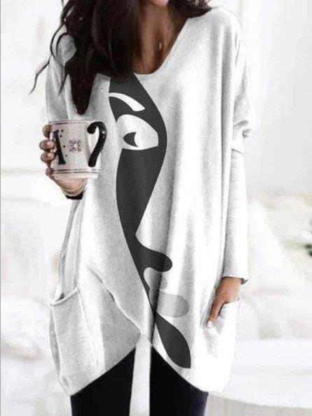 Women's T-Shirts Abstract Face Print Long Sleeve Mid-Length T-Shirt