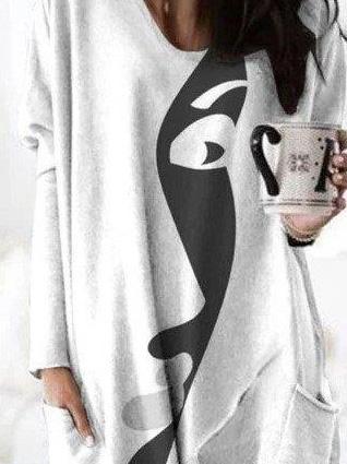 Women's T-Shirts Abstract Face Print Long Sleeve Mid-Length T-Shirt