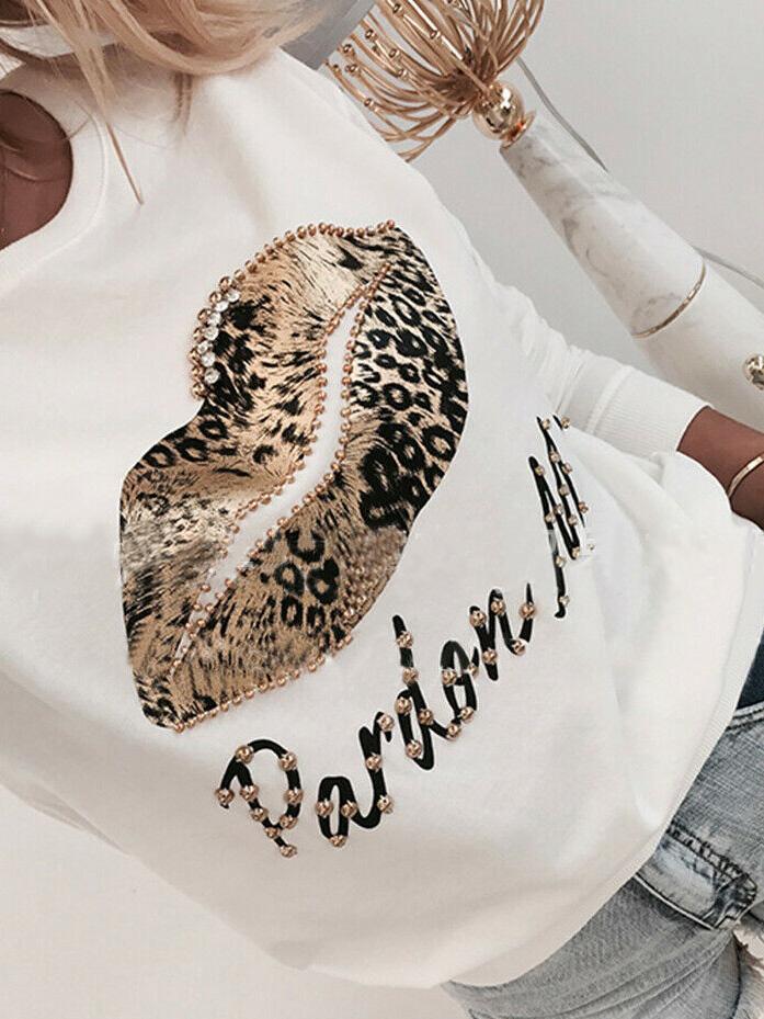 Women's T-Shirts Beaded Lips Leopard Print Long Sleeve Round Neck T-Shirt