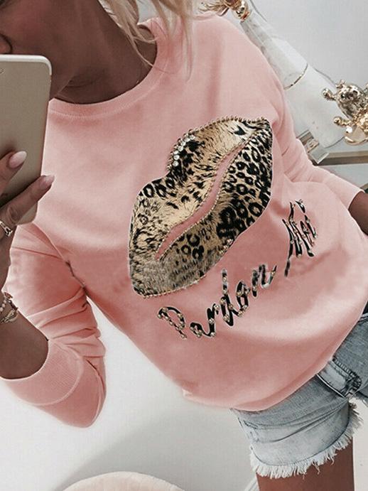 Women's T-Shirts Beaded Lips Leopard Print Long Sleeve Round Neck T-Shirt