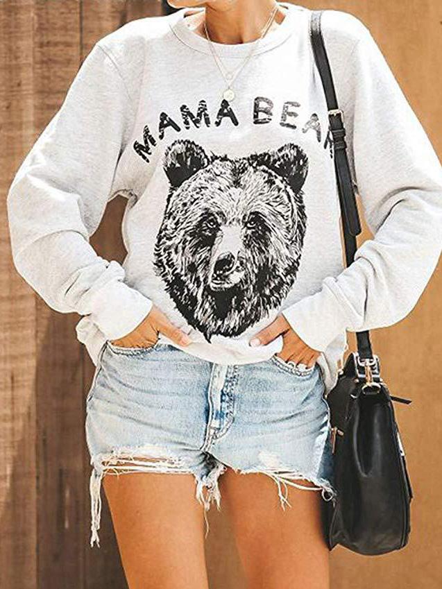 Women's T-Shirts Bear Letters Print Round Neck Long Sleeve T-Shirts