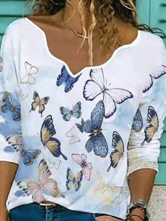 Women's T-Shirts Butterfly Print Featured Design Neckline Long Sleeve T-Shirt