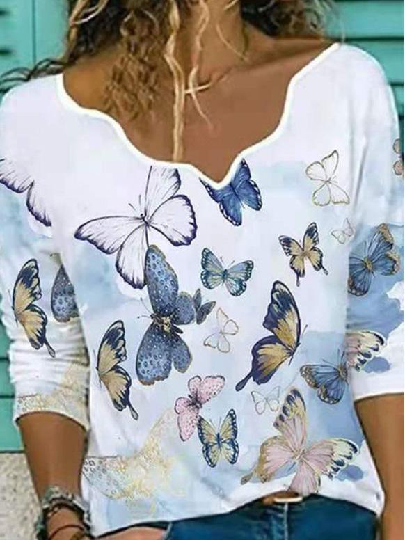 Women's T-Shirts Butterfly Print Featured Design Neckline Long Sleeve T-Shirt