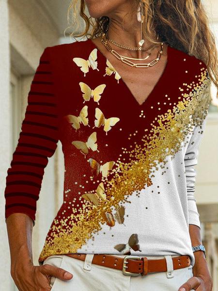 Women's T-Shirts Butterfly Print Long Sleeve V-Neck T-Shirt