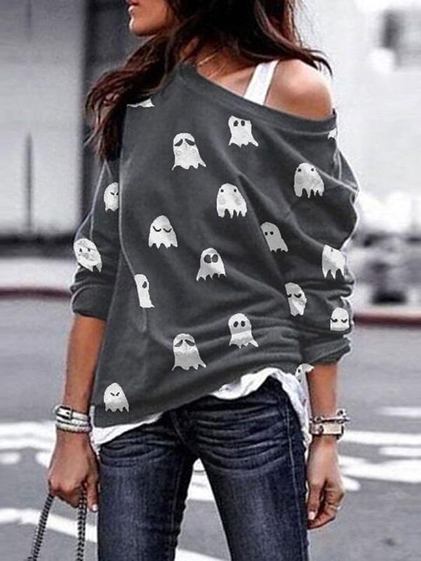 Women's T-Shirts Halloween Skull Bat Print Round Neck Long Sleeve T-Shirts