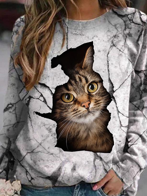 Women's T-Shirts Cat Print Round Neck Long Sleeve T-Shirts