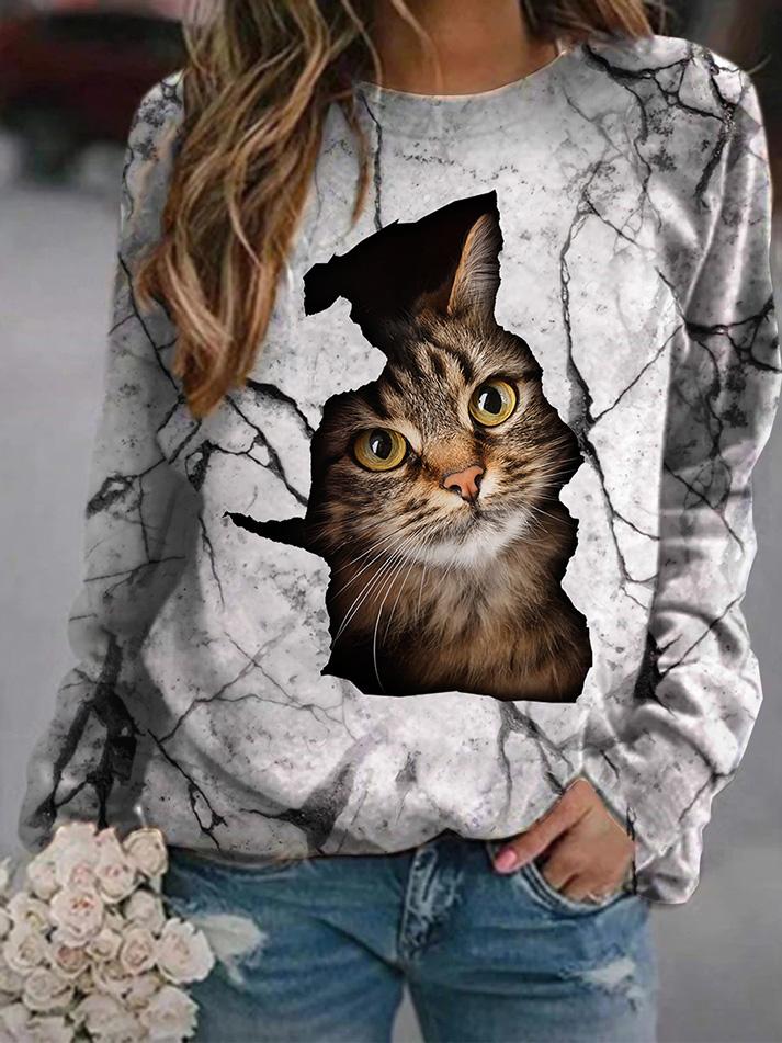 Women's T-Shirts Cat Print Round Neck Long Sleeve T-Shirts