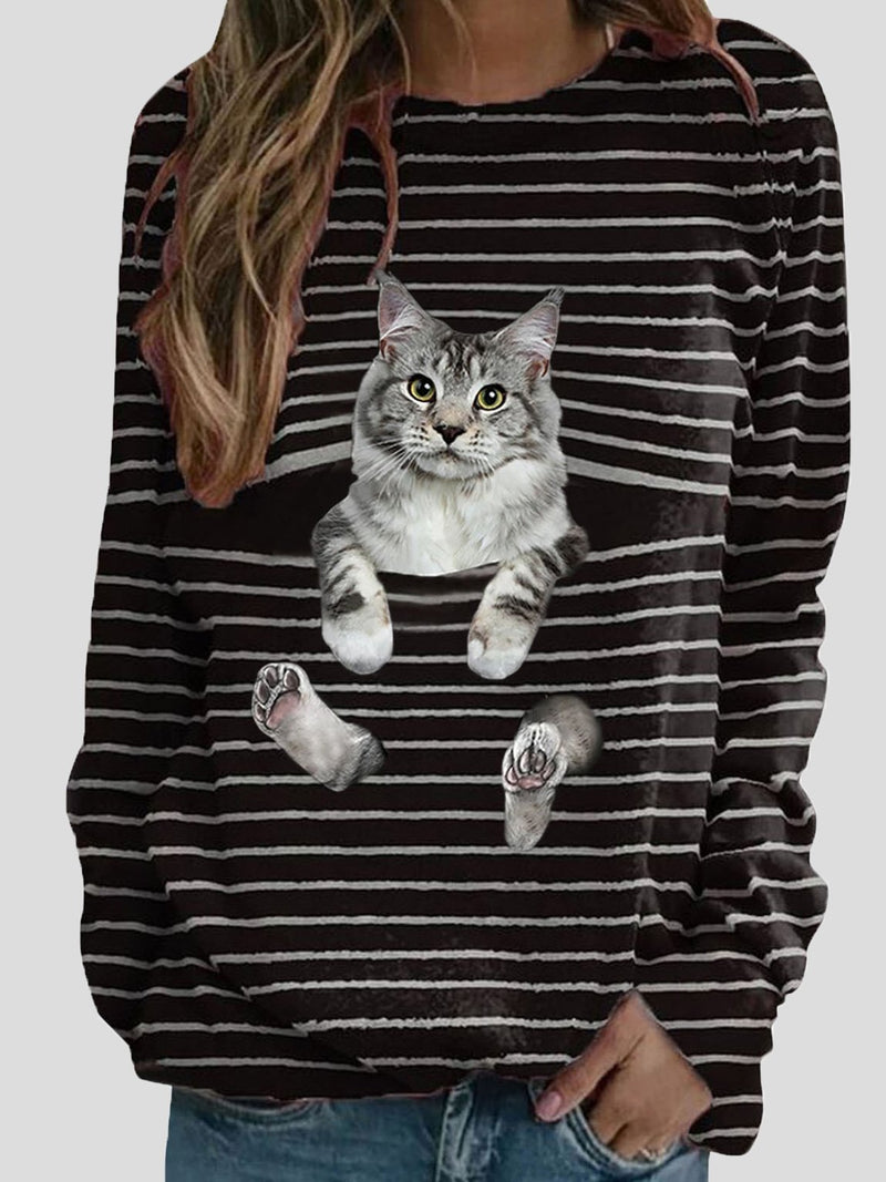 Women's T-Shirts Cat Striped Print Long Sleeve T-Shirt