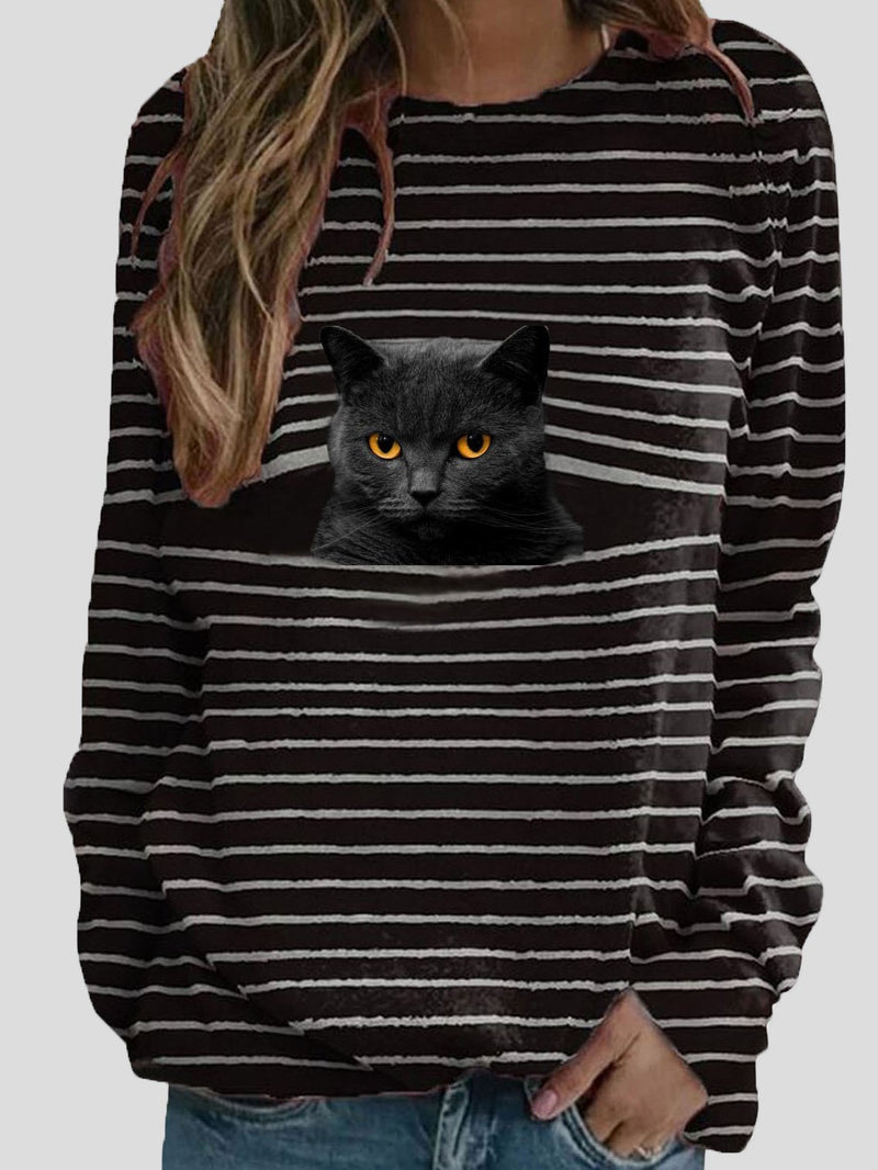Women's T-Shirts Cat Striped Print Long Sleeve T-Shirt
