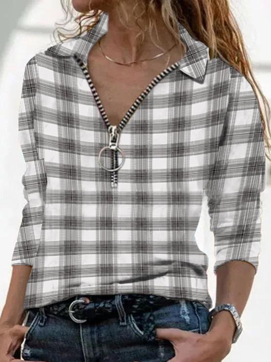 Women's T-Shirts Check V-Neck Zip Long Sleeve T-Shirt
