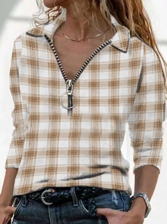 Women's T-Shirts Check V-Neck Zip Long Sleeve T-Shirt