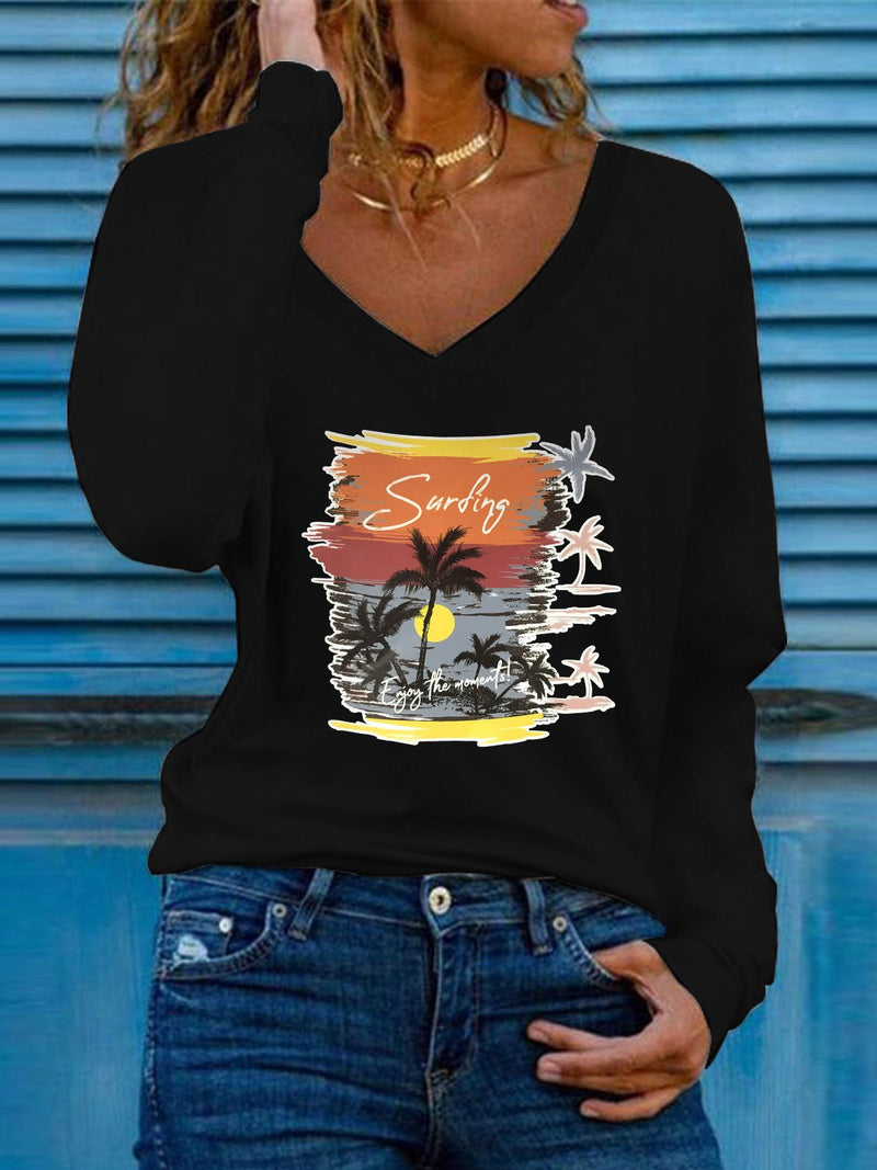 Women's T-Shirts Coconut Print V-Neck Long Sleeve T-Shirt