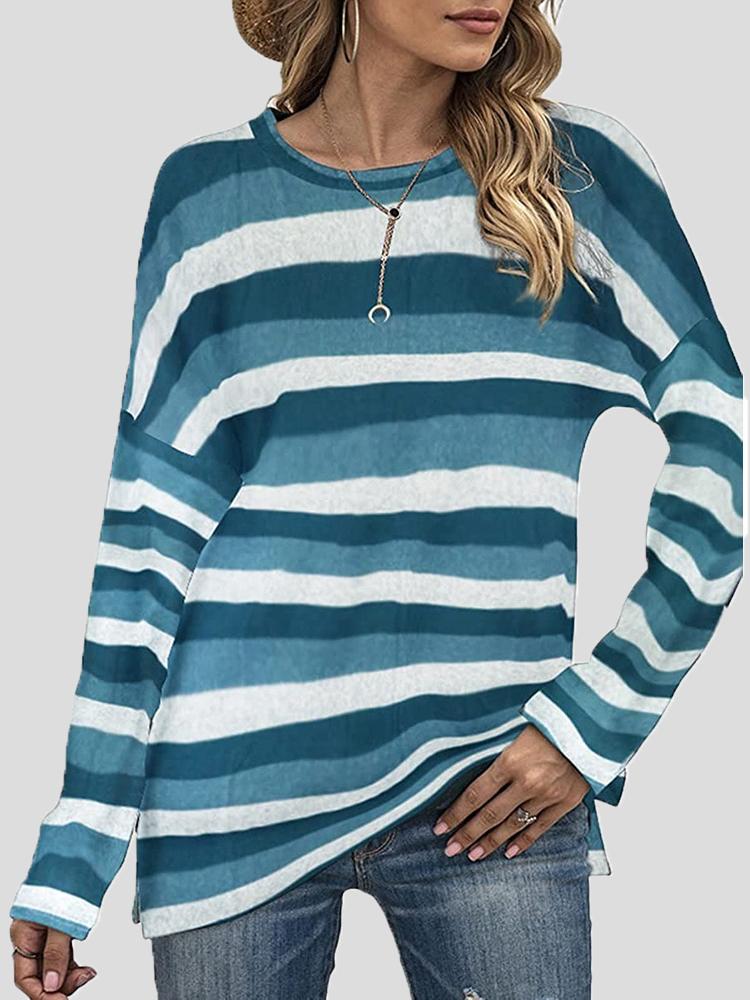 Women's T-Shirts Color Striped Round Neck Long Sleeve Split T-shirt