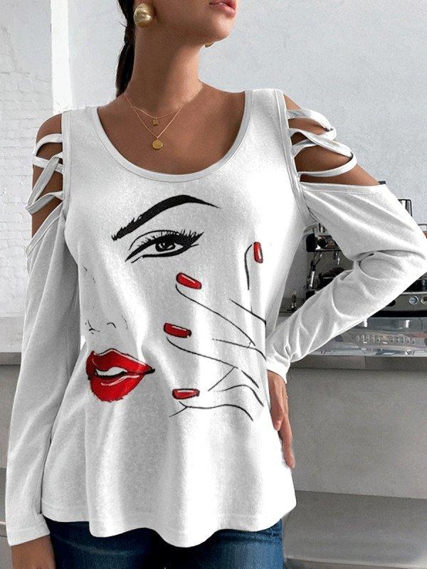 Women's T-Shirts Cool Face Print Round Neck Off Shoulder Long Sleeve T-Shirt