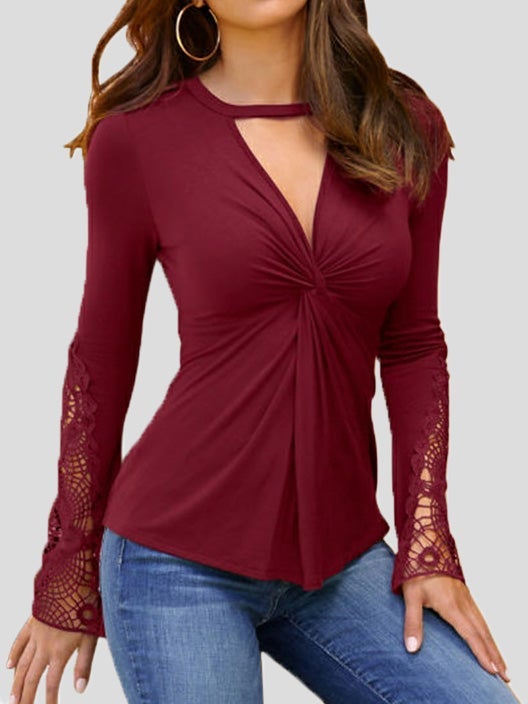 Women's T-Shirts Deep V Neck Lace Panel Long Sleeve T-Shirts