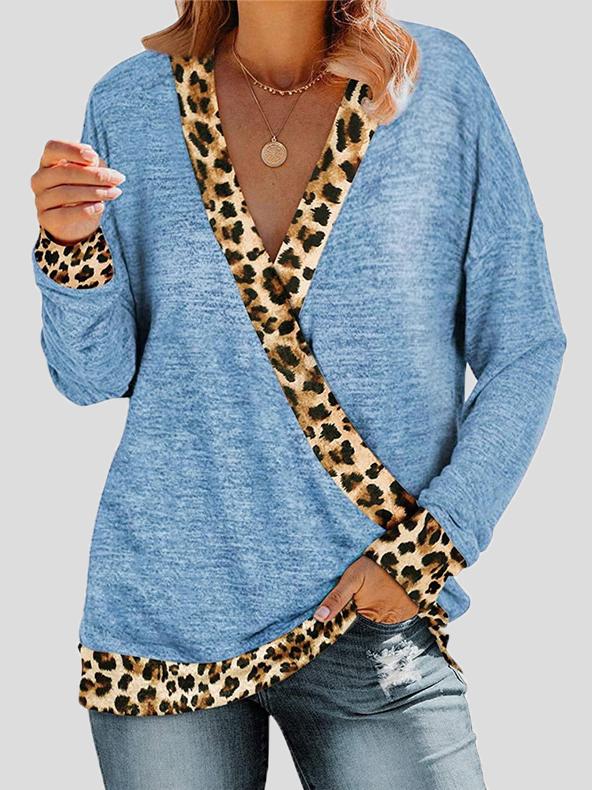 Women's T-Shirts Deep V-neck Leopard Print Long Sleeve T-Shirt