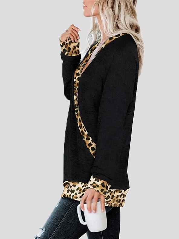 Women's T-Shirts Deep V-neck Leopard Print Long Sleeve T-Shirt