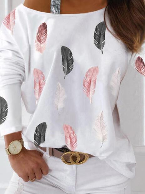 Women's T-Shirts Feather Print Long Sleeve Off-Shoulder T-Shirt