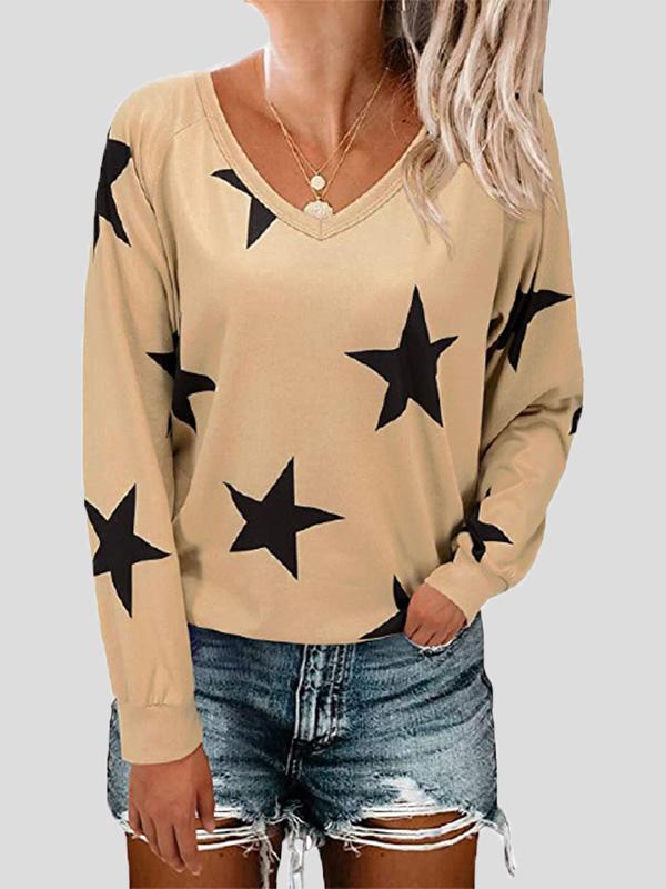 Women's T-Shirts Five-Pointed Star Print V-Neck Long Sleeve T-Shirt