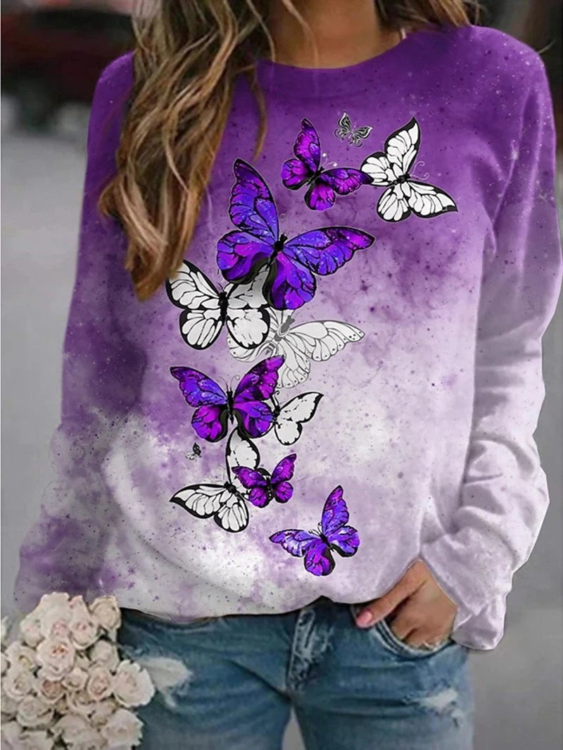 Women's T-Shirts Floral Butterfly Print Round Neck Long Sleeve T-Shirts