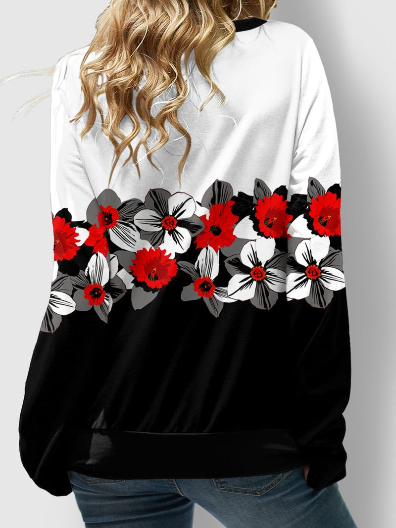 Women's T-Shirts Floral Print Belted Long Sleeve Loose T-Shirts