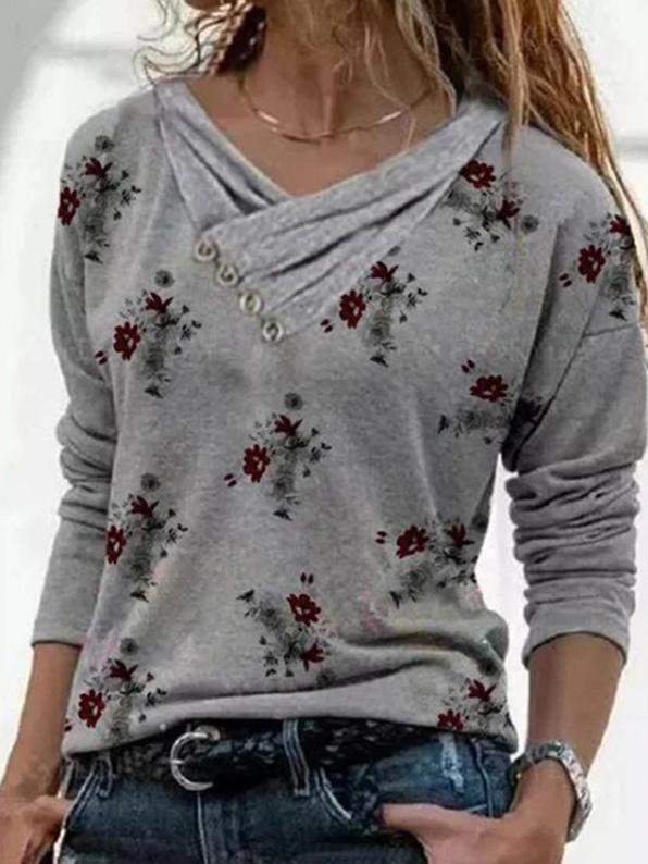 Women's T-Shirts Floral Print Feature Button Design Long Sleeve T-Shirt