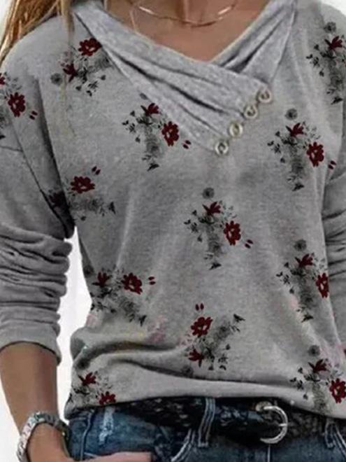 Women's T-Shirts Floral Print Feature Button Design Long Sleeve T-Shirt