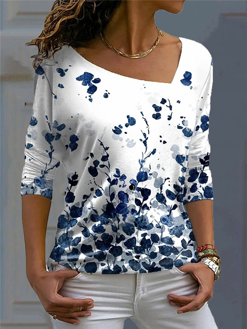 Women's T-Shirts Flower And Leaf Print V-Neck Long Sleeve T-Shirt