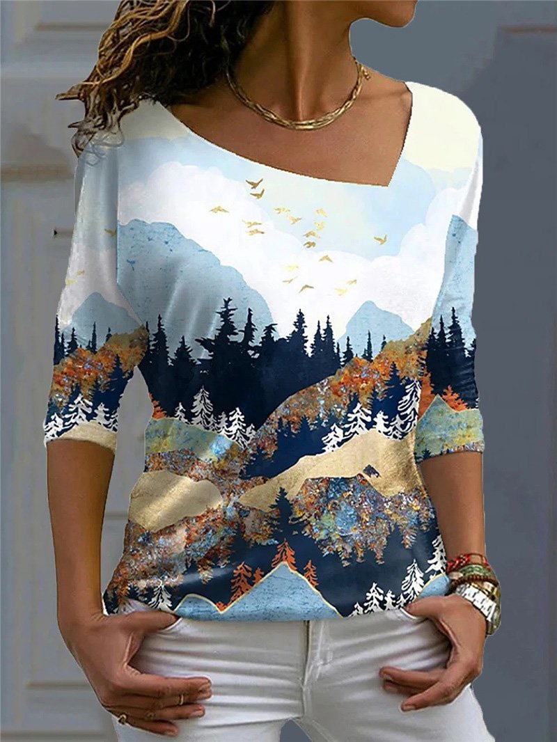 Women's T-Shirts Flower And Leaf Print V-Neck Long Sleeve T-Shirt