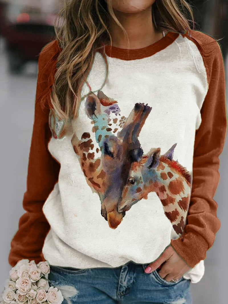 Women's T-Shirts Giraffe Print Round Neck Long Sleeve T-Shirt