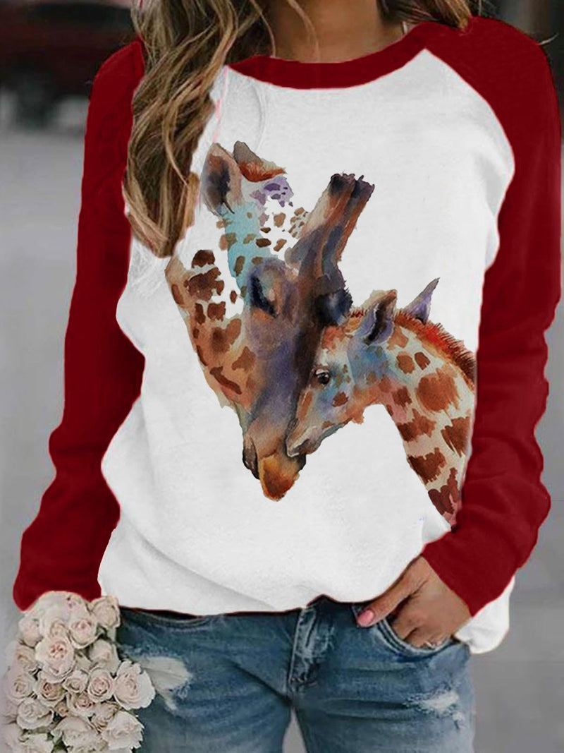 Women's T-Shirts Giraffe Print Round Neck Long Sleeve T-Shirt