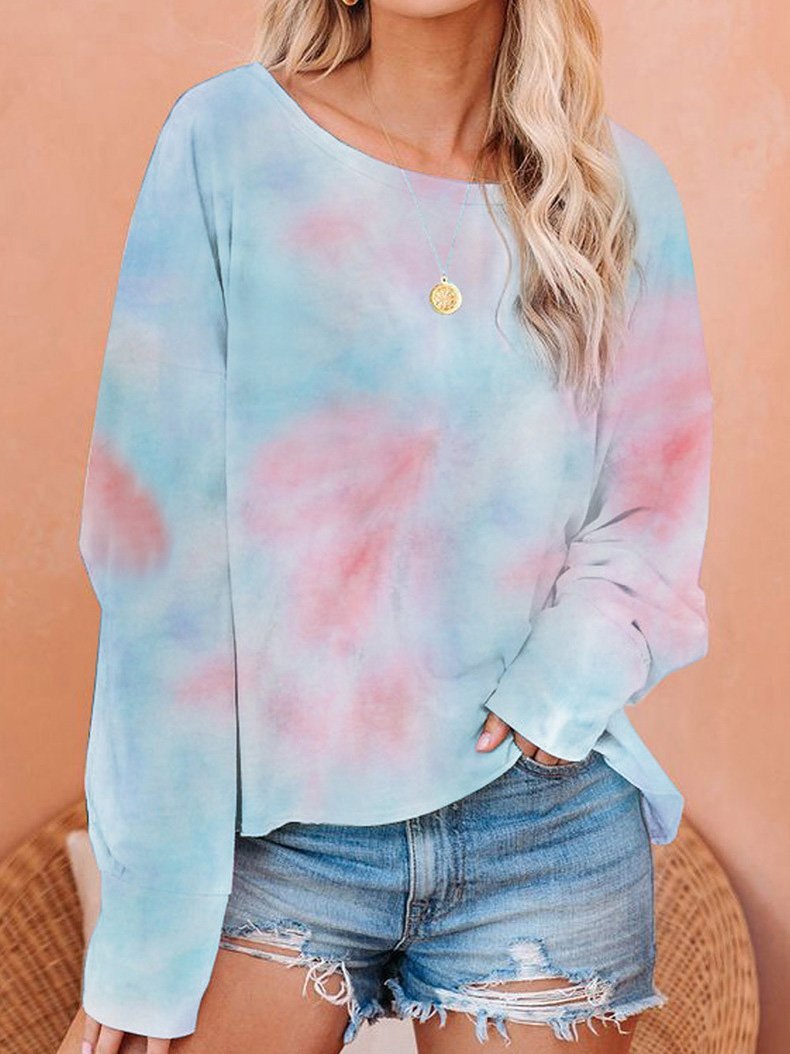 Women's T-Shirts Gradient Tie-Dye Long Sleeve Pullover Loose T-Shirts