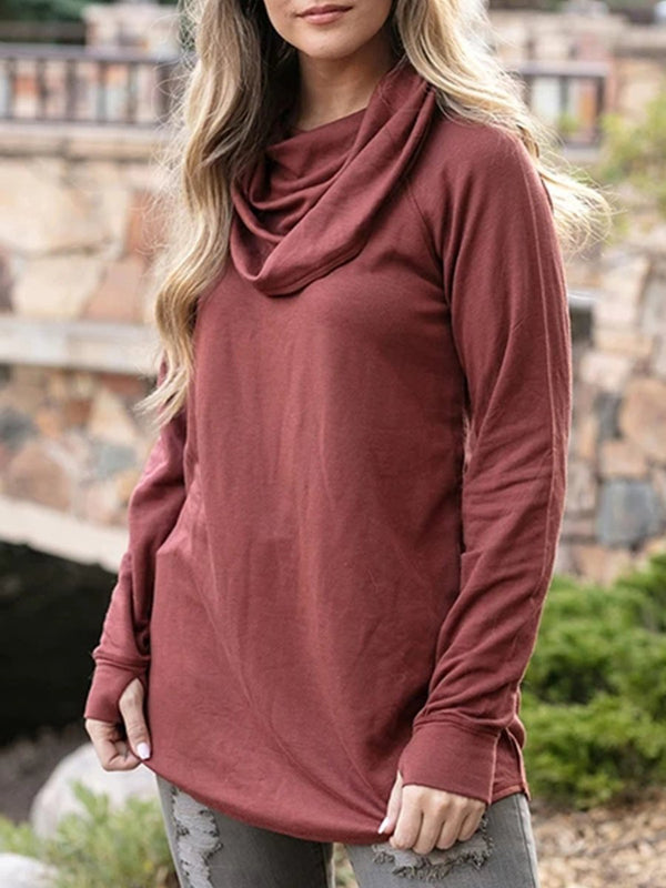 Women's T-Shirts Heap Collar Solid Long Sleeve Casual T-Shirt