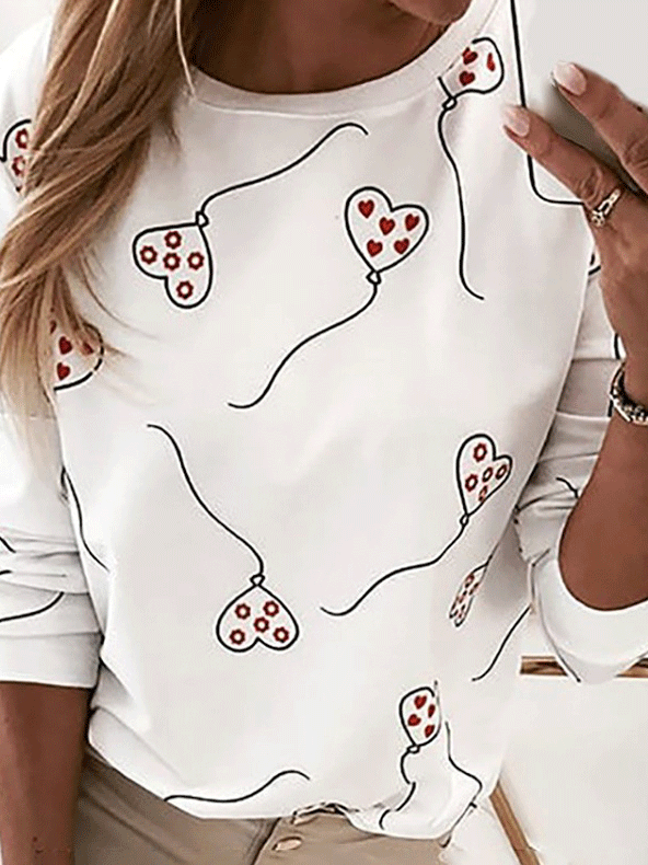 Women's T-Shirts Heart Balloon Round Neck Print Long Sleeve T-Shirt