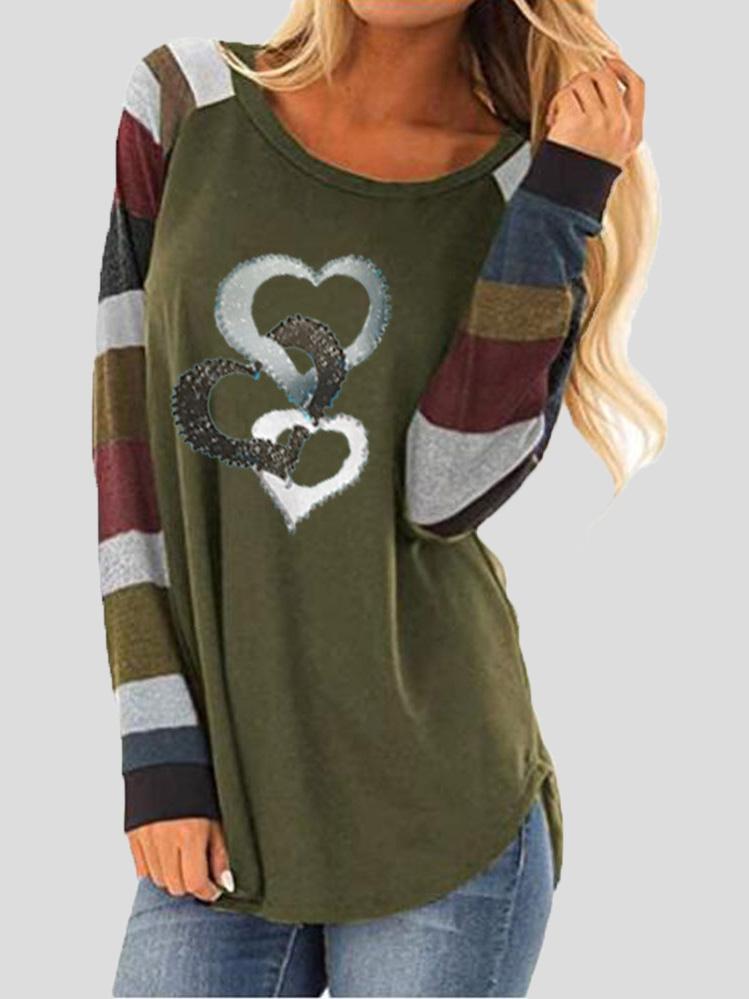 Women's T-Shirts Heart Print Contrast Stripes Round Neck Long Sleeve T-Shirt