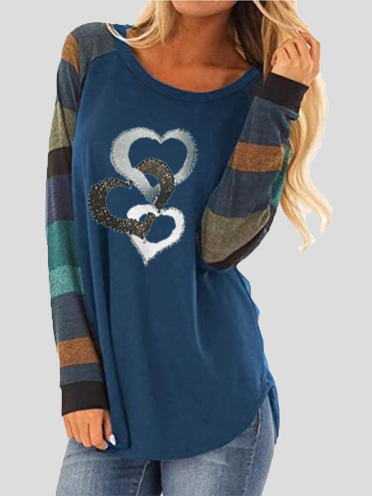 Women's T-Shirts Heart Print Contrast Stripes Round Neck Long Sleeve T-Shirt