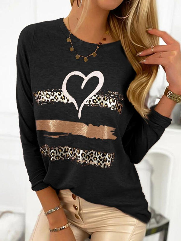 Women's T-Shirts Heart-Shaped Corrugated Long Sleeve Printed Round Neck T-Shirt
