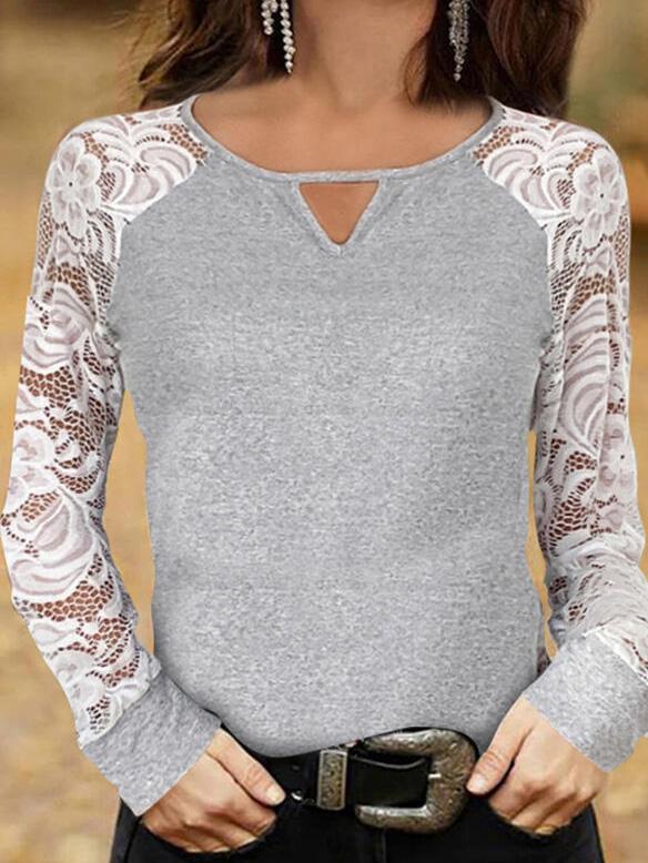 Women's T-Shirts Hollow Lace Long Sleeve Round Neck T-Shirts