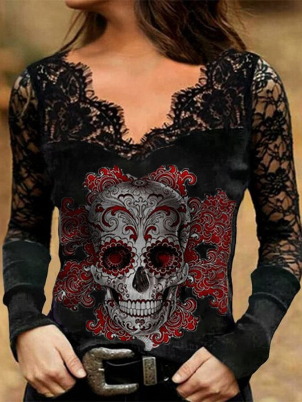 Women's T-Shirts Hollow Lace Skull V-Neck Long Sleeve T-Shirt