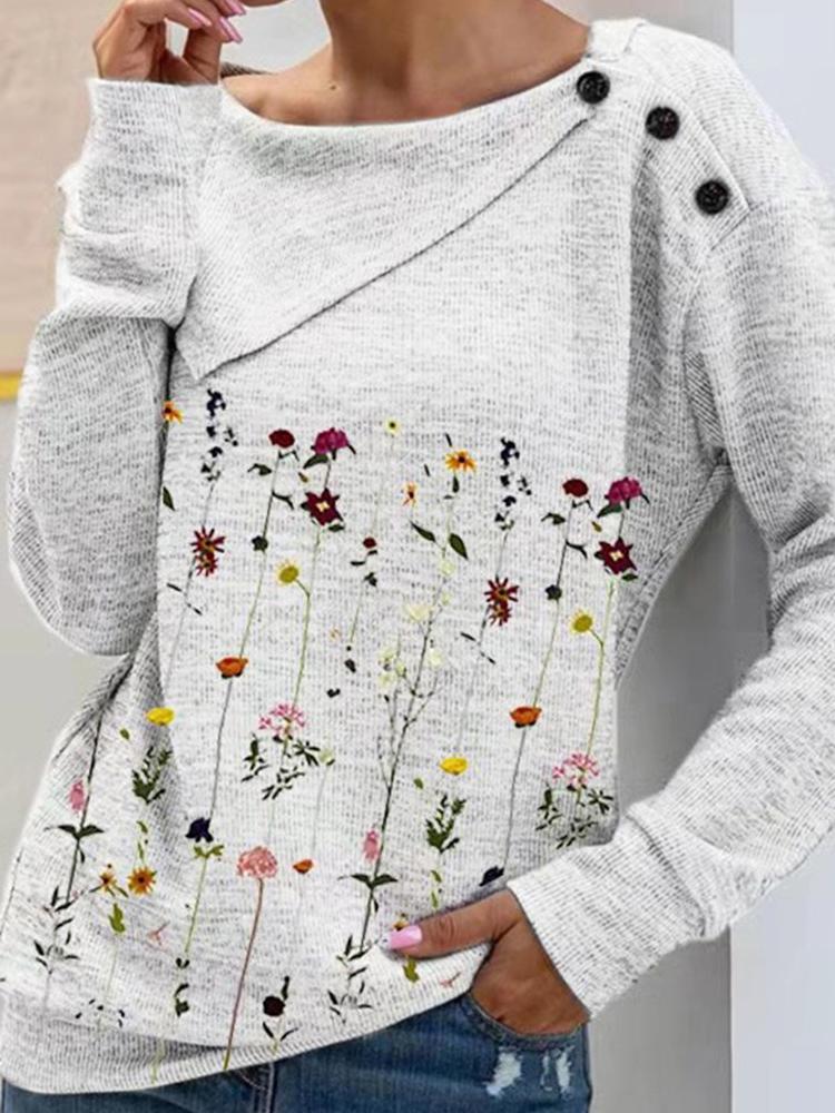 Women's T-Shirts Irregular Collar Floral Long Sleeve Buttons T-Shirt