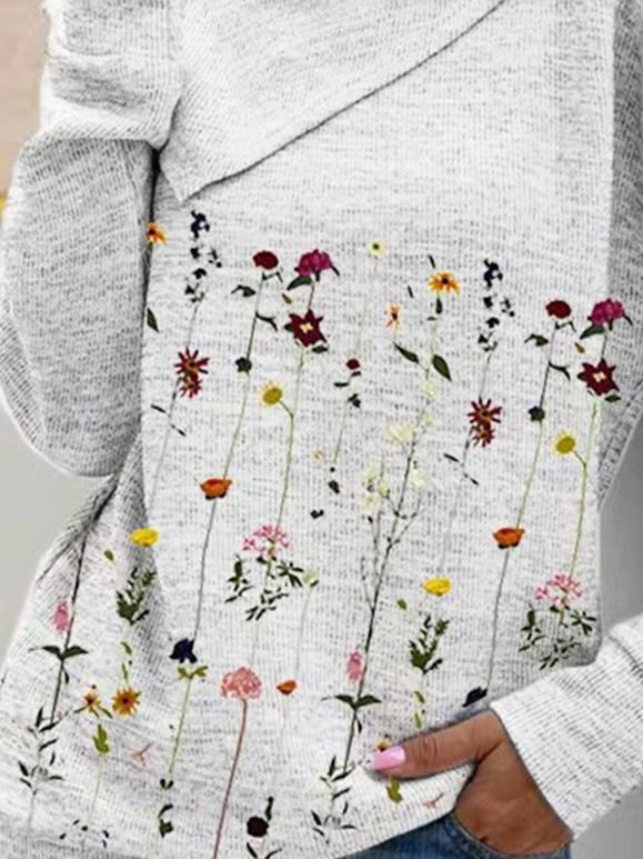 Women's T-Shirts Irregular Collar Floral Long Sleeve Buttons T-Shirt