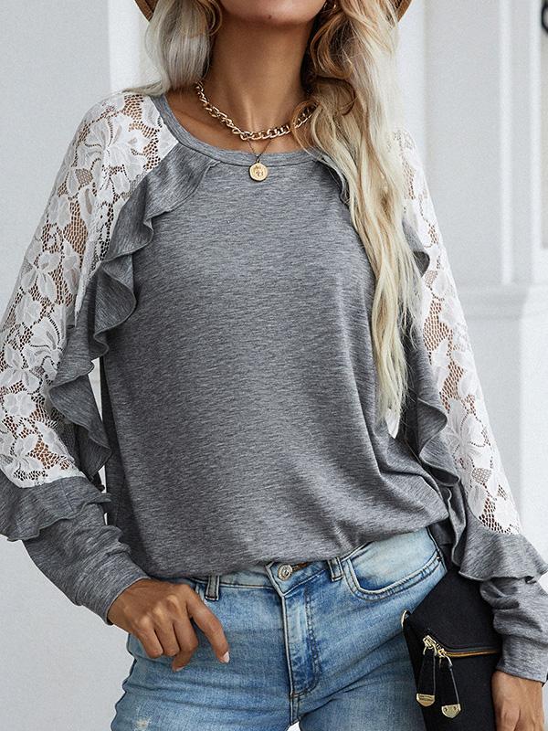 Women's T-Shirts Lace Long sleeve Round Neck Solid Casual T-Shirt