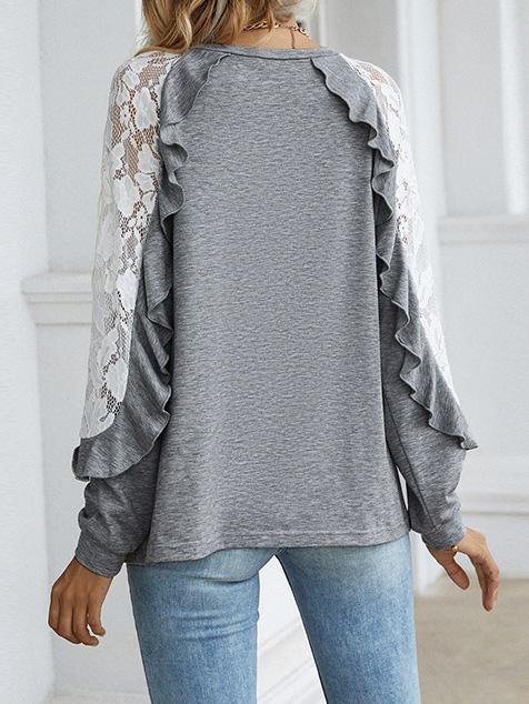 Women's T-Shirts Lace Long sleeve Round Neck Solid Casual T-Shirt