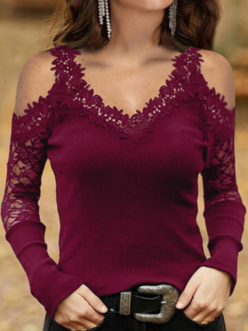 Women's T-Shirts Lace Sling V-Neck Mesh Off-Shoulder Long Sleeve T-Shirts